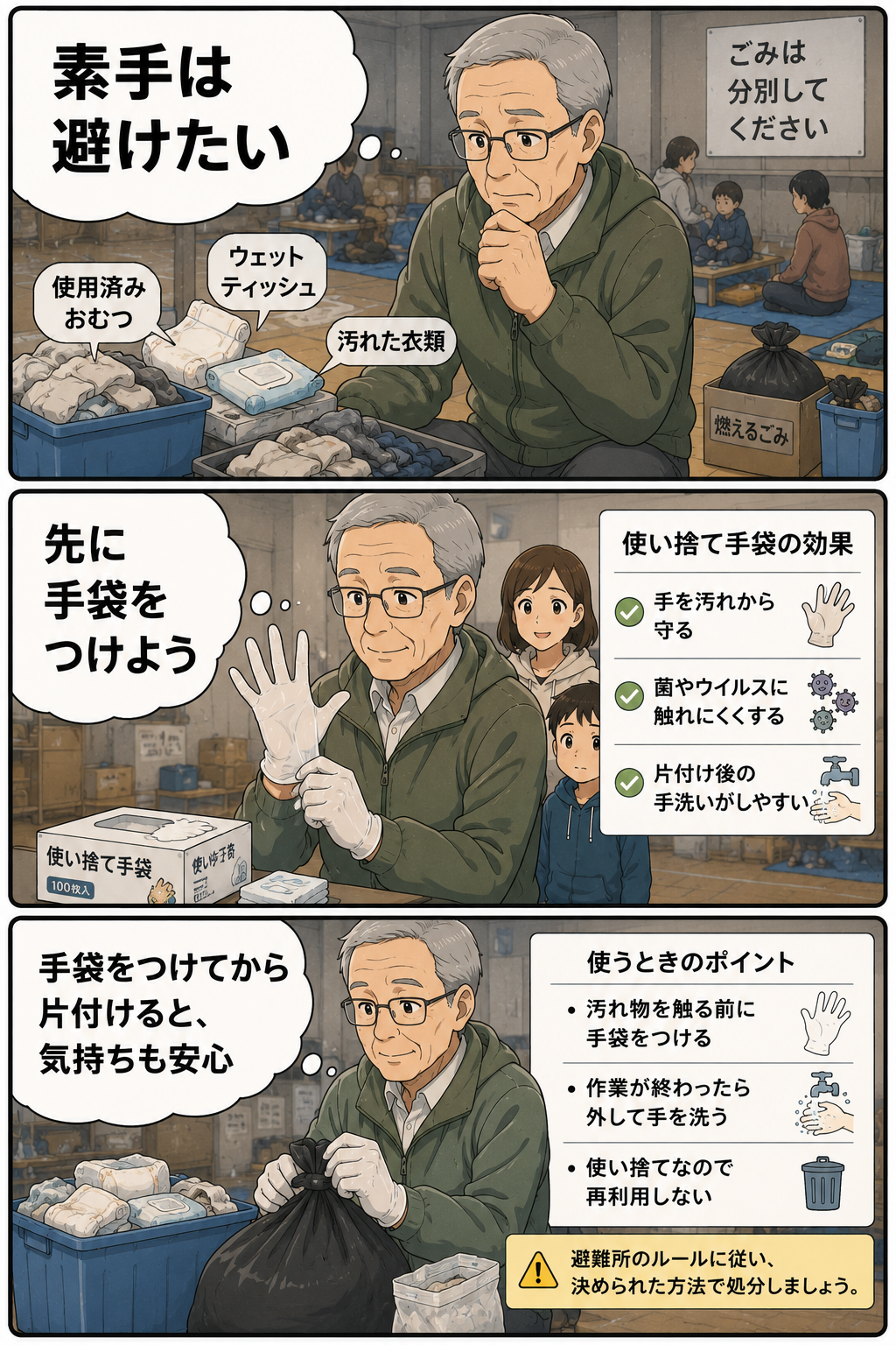 避難所で祖父が汚れ物を片付ける前に使い捨て手袋をつける商品紹介漫画