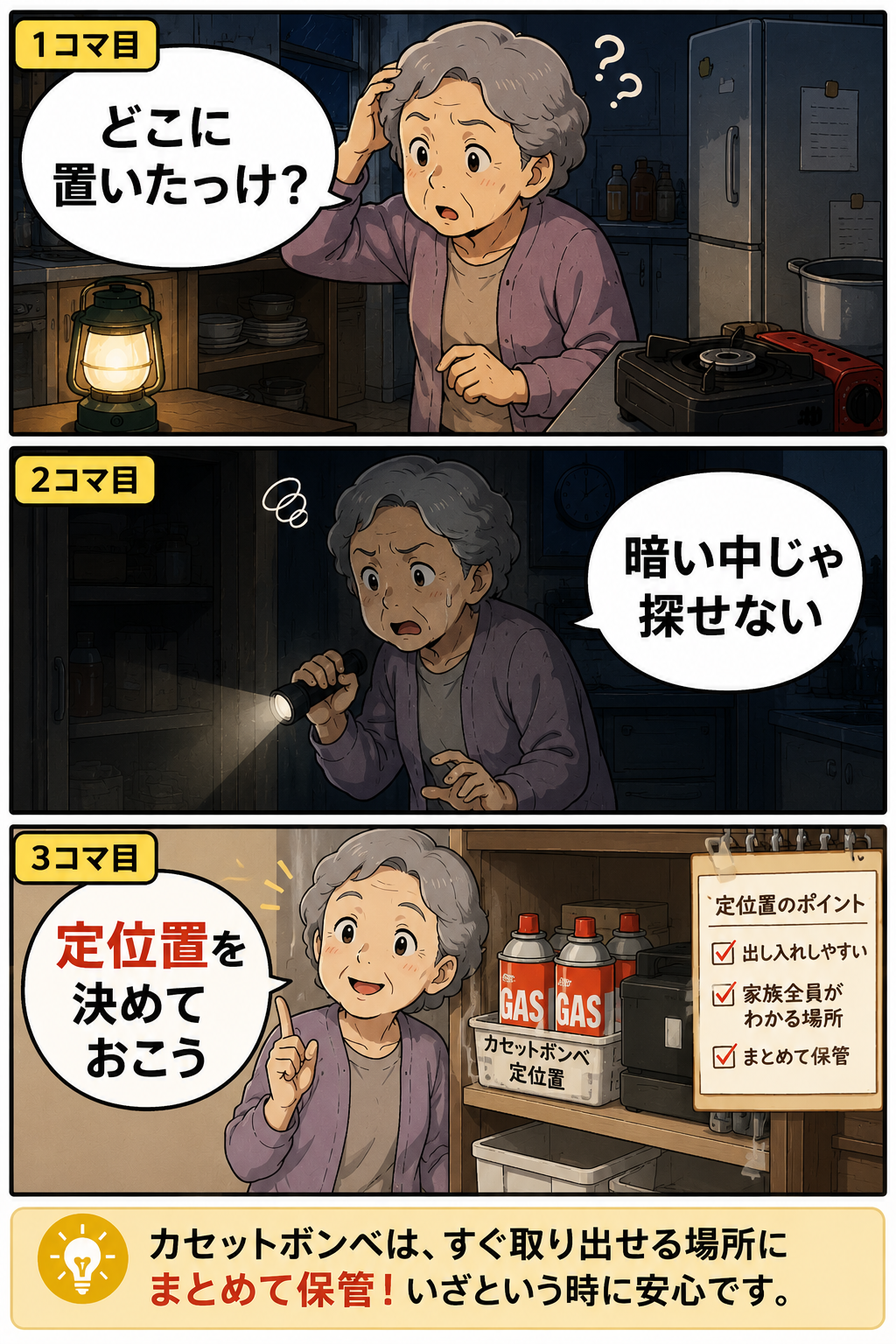 停電中に祖母がカセットボンベを探し、定位置管理の大切さに気づく3コマ漫画