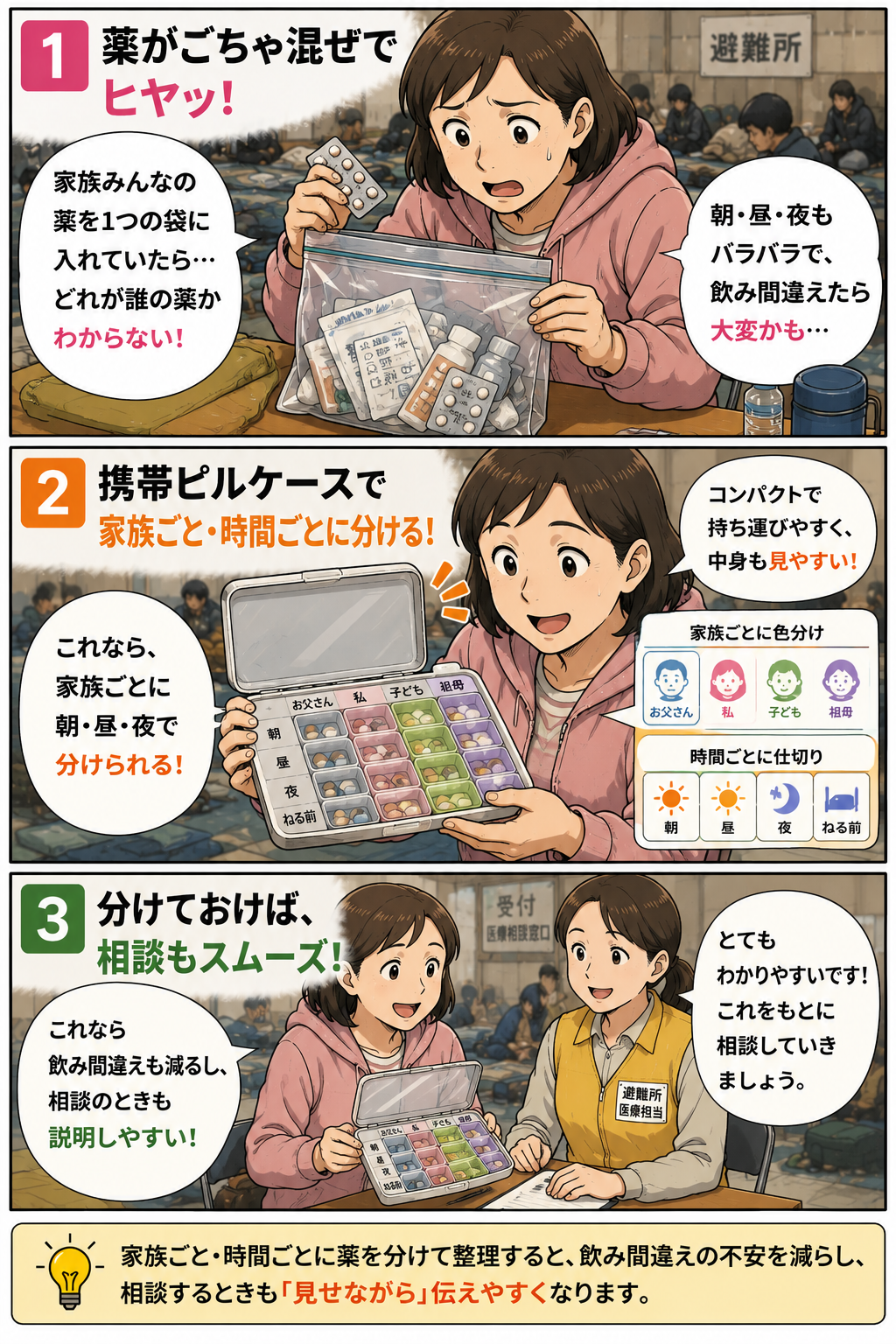 避難所で携帯ピルケースを使い家族ごと時間ごとに薬を分ける母親の漫画
