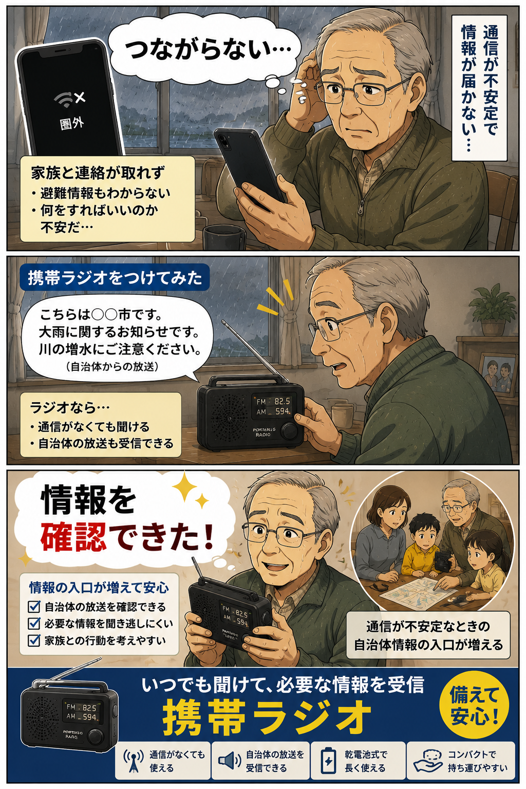 通信が不安定な時に携帯ラジオで自治体情報を確認する祖父の漫画