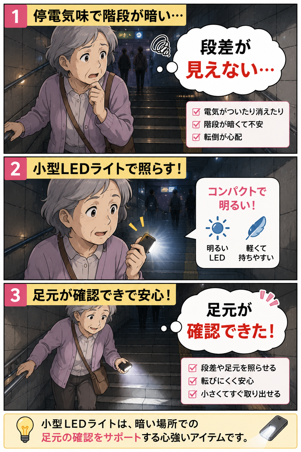 暗い地下階段で小型LEDライトを使い足元を確認する高齢女性の漫画