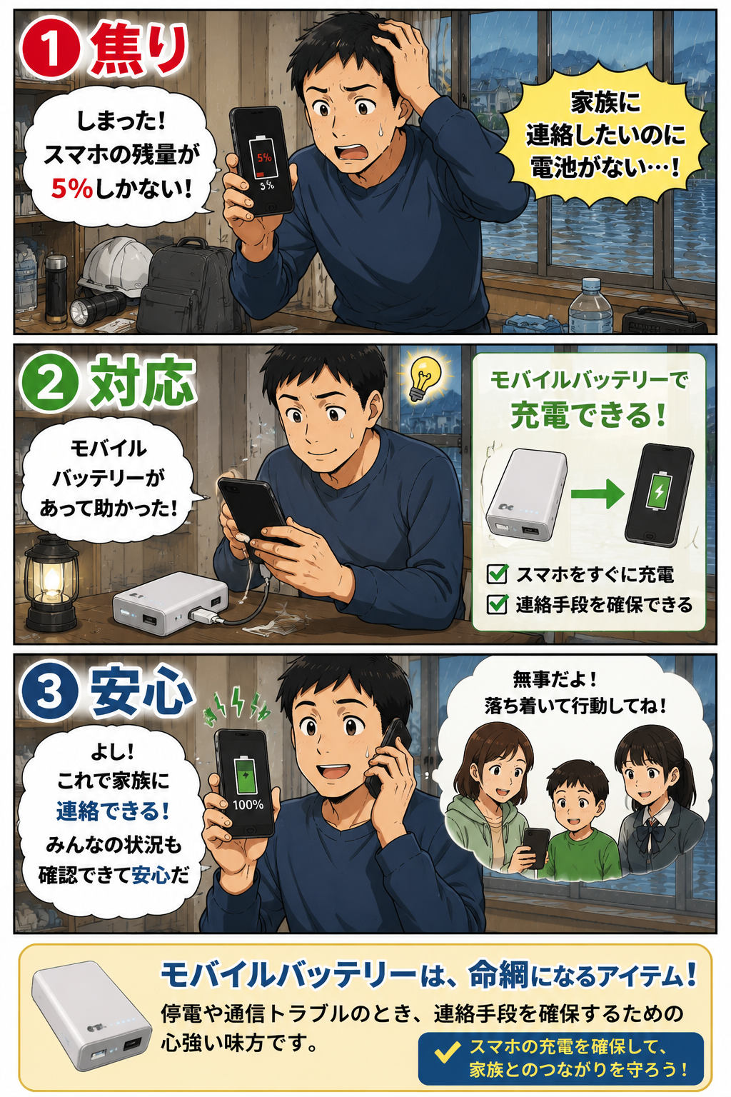 床上浸水前に父親がスマホ残量5%で焦りモバイルバッテリーで充電して家族へ連絡する漫画