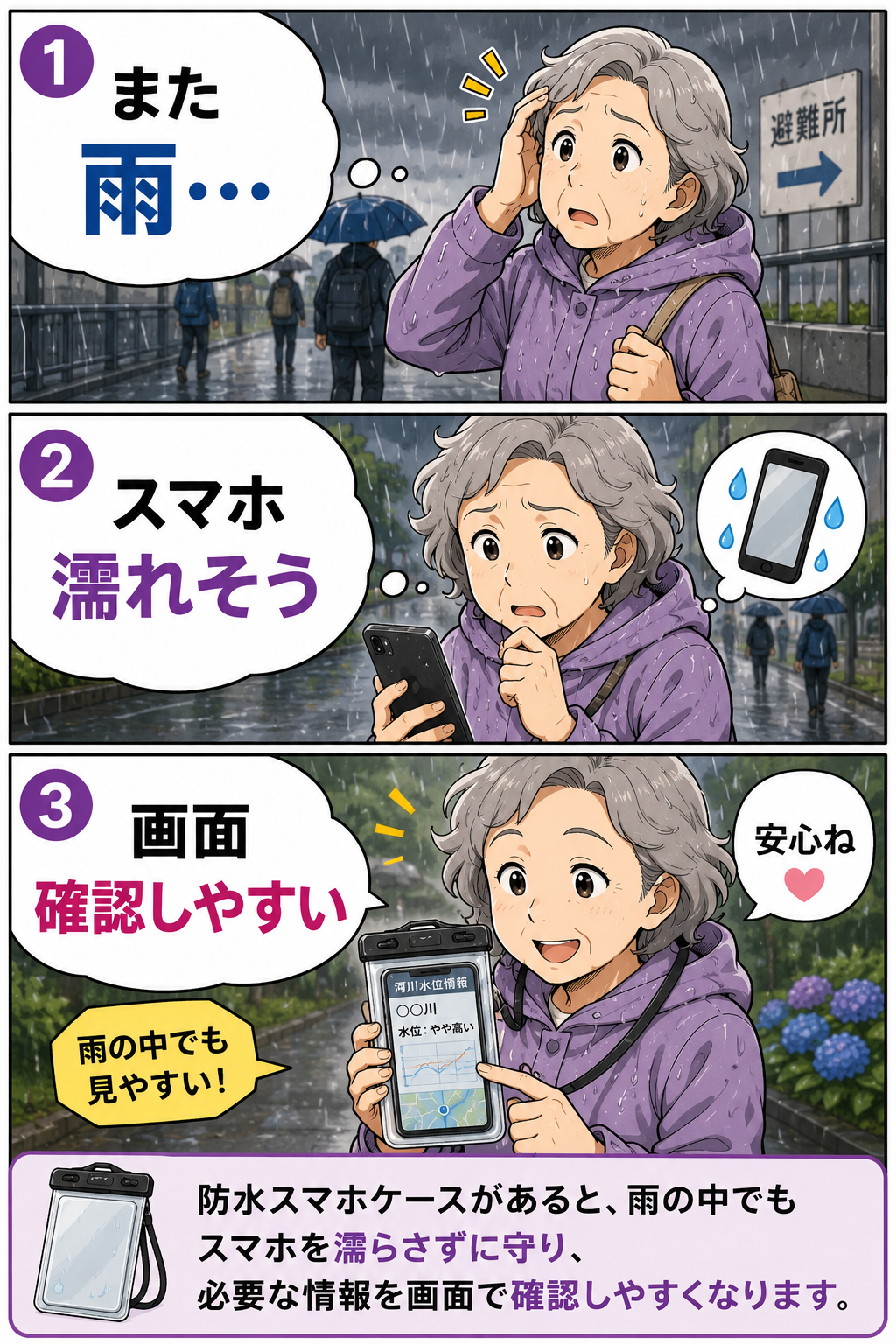 雨の移動中に防水スマホケースでスマホを確認する祖母の防災漫画