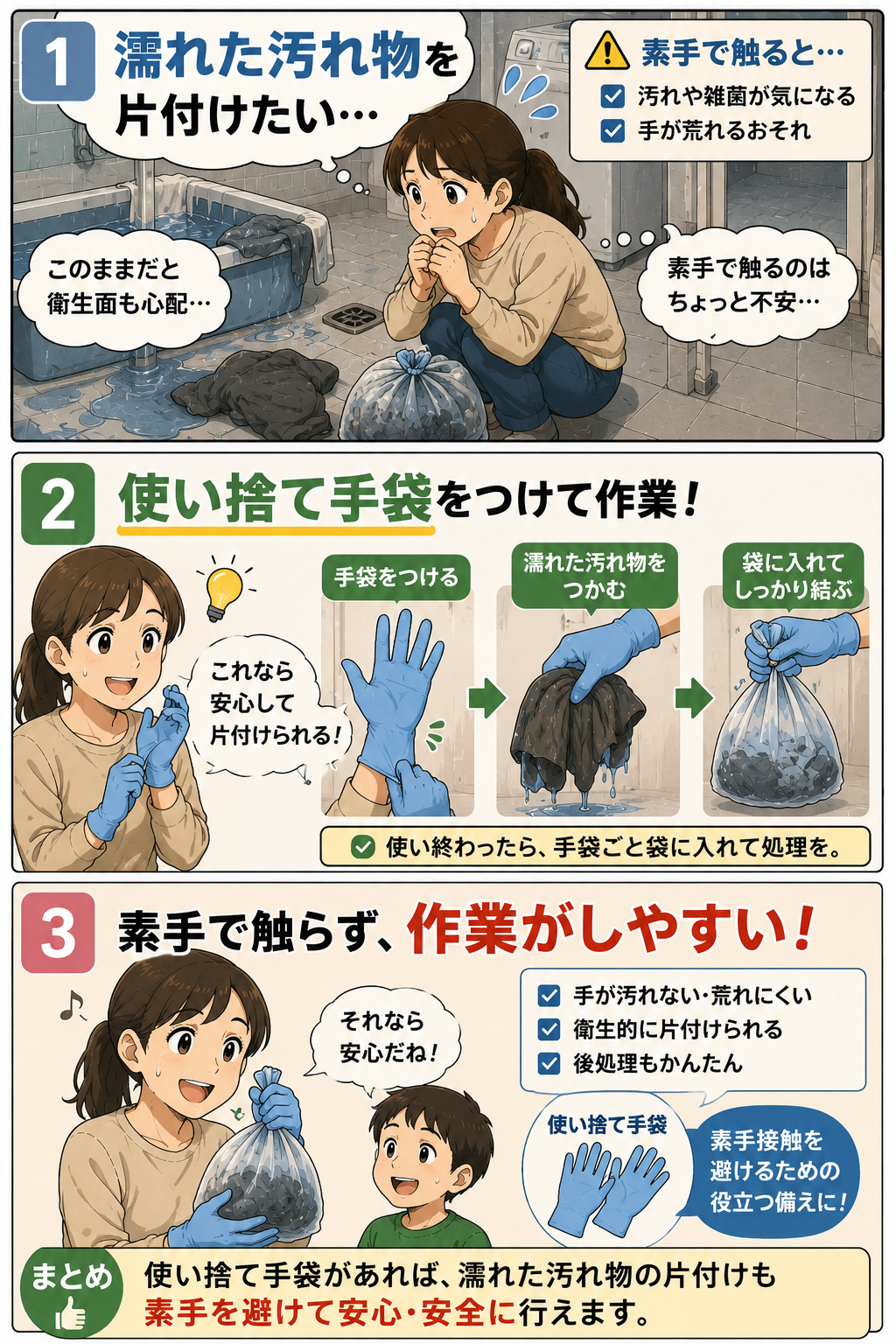 濡れた汚れ物を使い捨て手袋で素手を避けて片付ける漫画