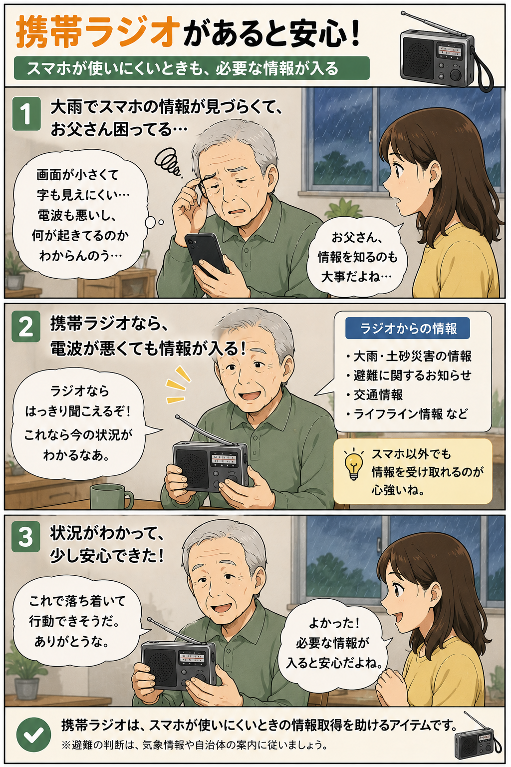 高齢の父が大雨時に携帯ラジオでスマホ以外から情報を確認する漫画