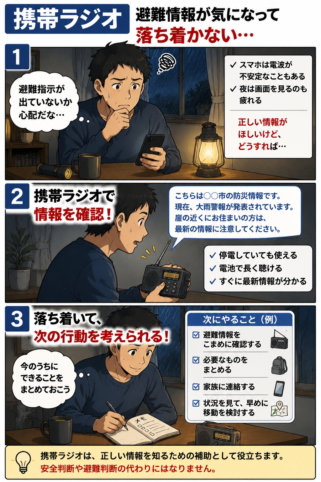 一人暮らし男性が大雨の夜に携帯ラジオで避難情報を確認する漫画