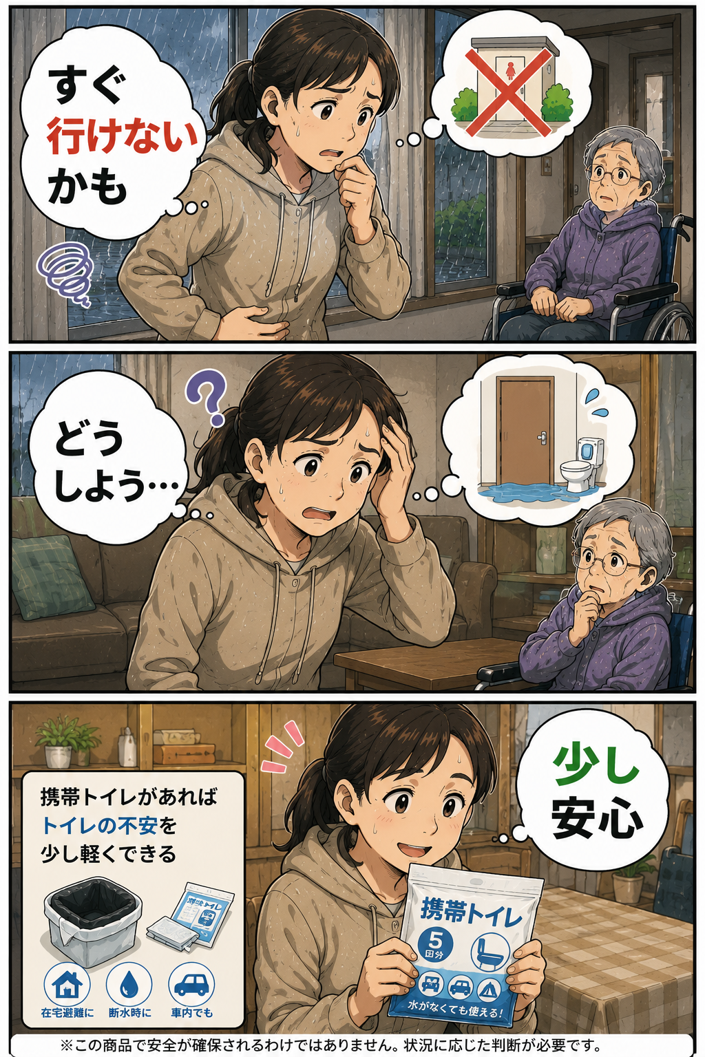 在宅待機中の母親が携帯トイレを準備してトイレ不安を軽くする漫画