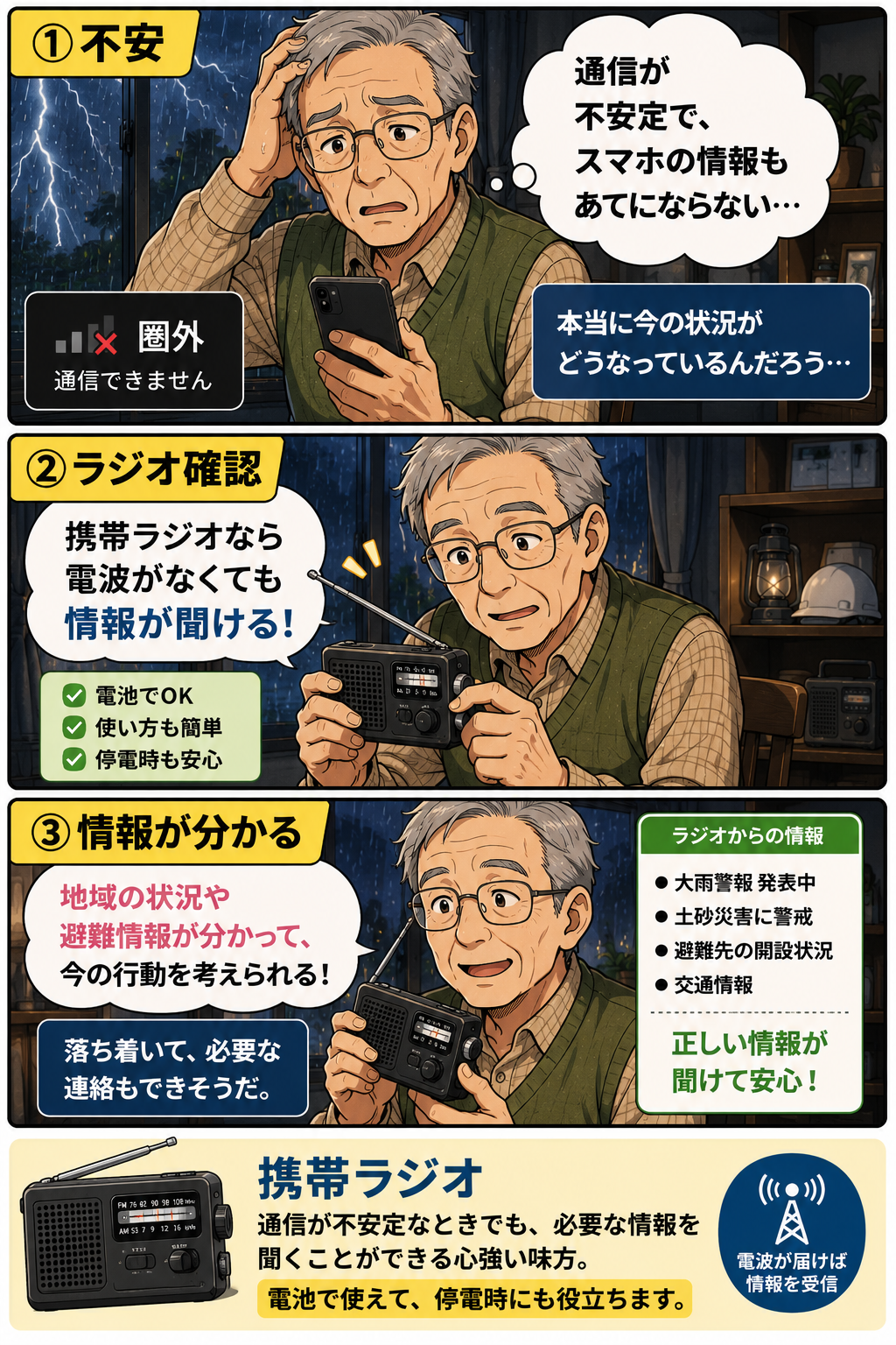 大雨時に通信が不安定で不安な70代男性が携帯ラジオで情報を確認する漫画