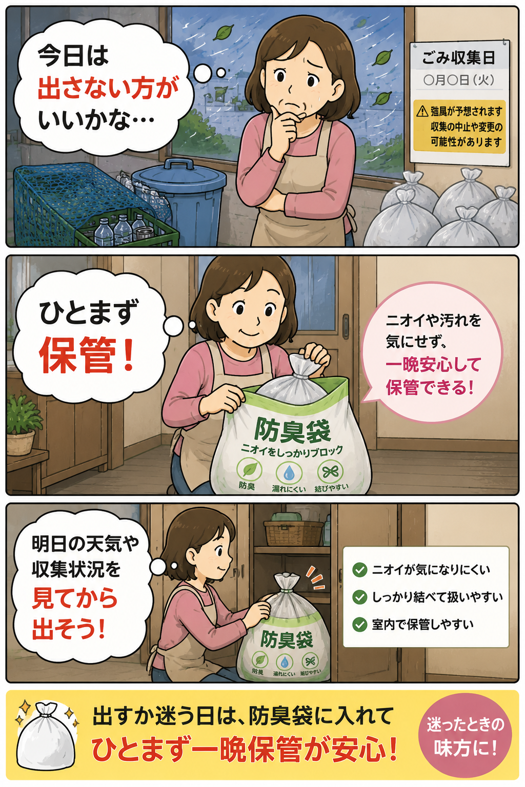 台風の日に防臭袋でゴミを一晩保管する母親の漫画