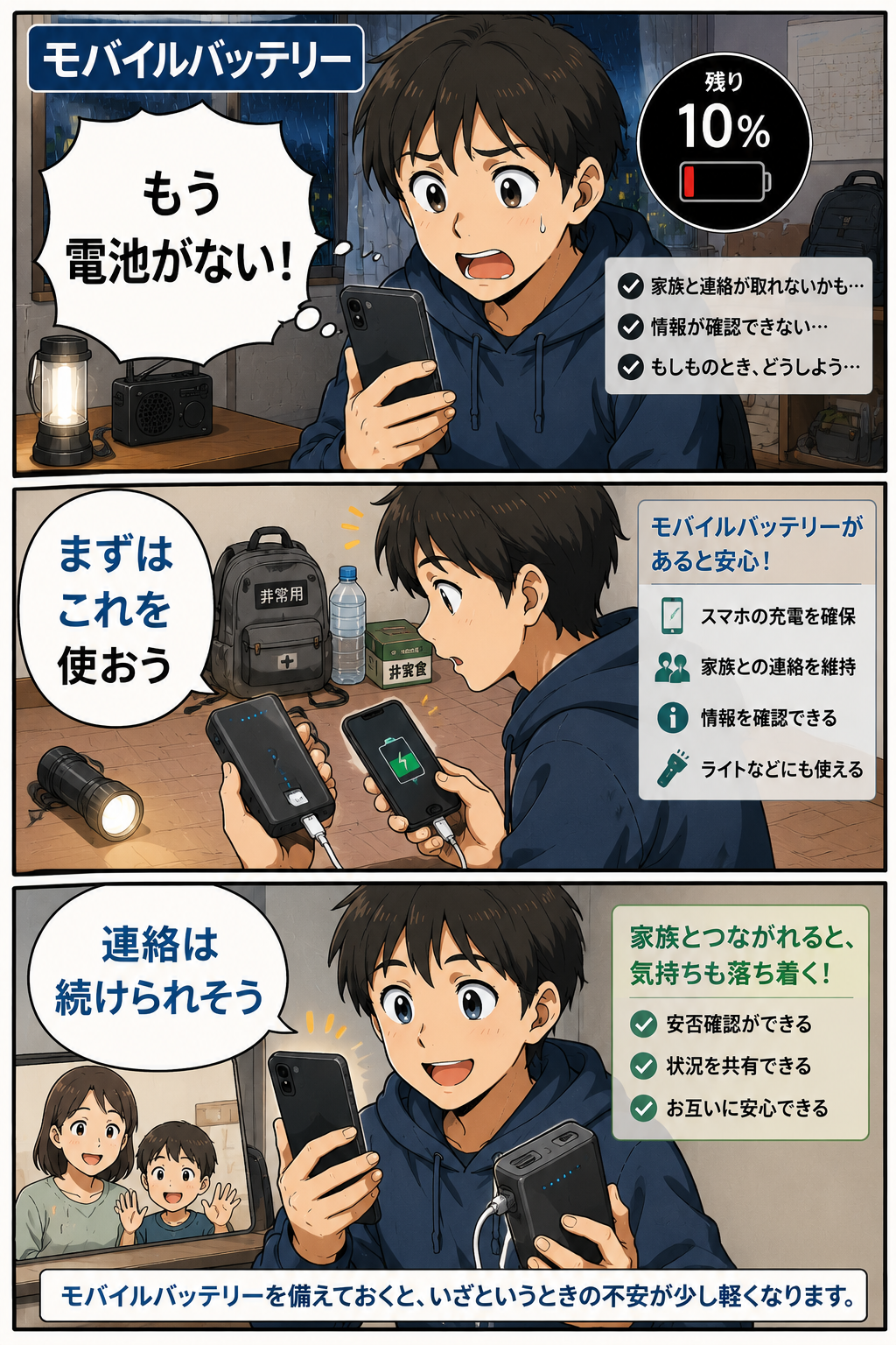 高校生がスマホ残量不足に焦りモバイルバッテリーで家族連絡を続ける漫画