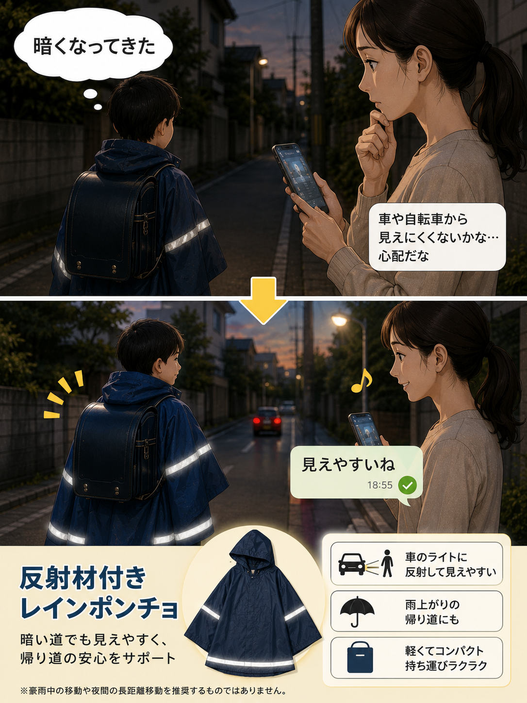 雨が弱まった後に反射材付きレインポンチョで移動する子どもの漫画