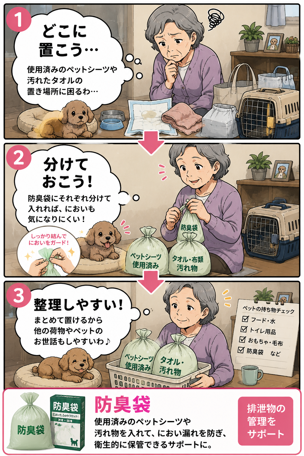 ペット用品や排泄物を防臭袋で分ける漫画