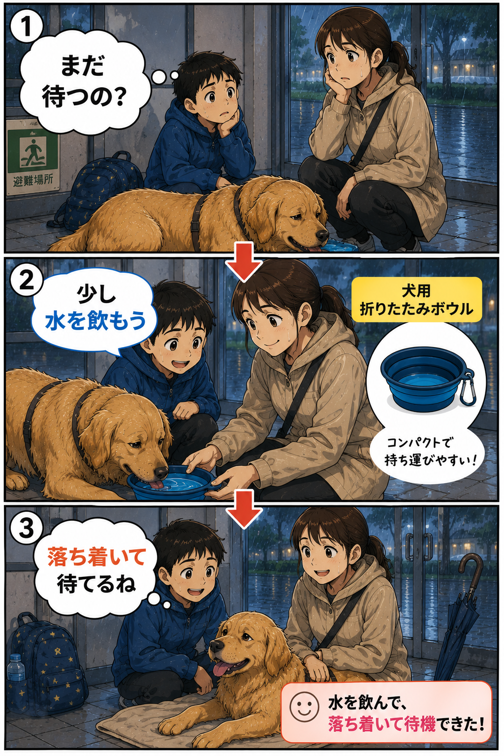 待機中に犬用折りたたみボウルで水を飲ませる漫画
