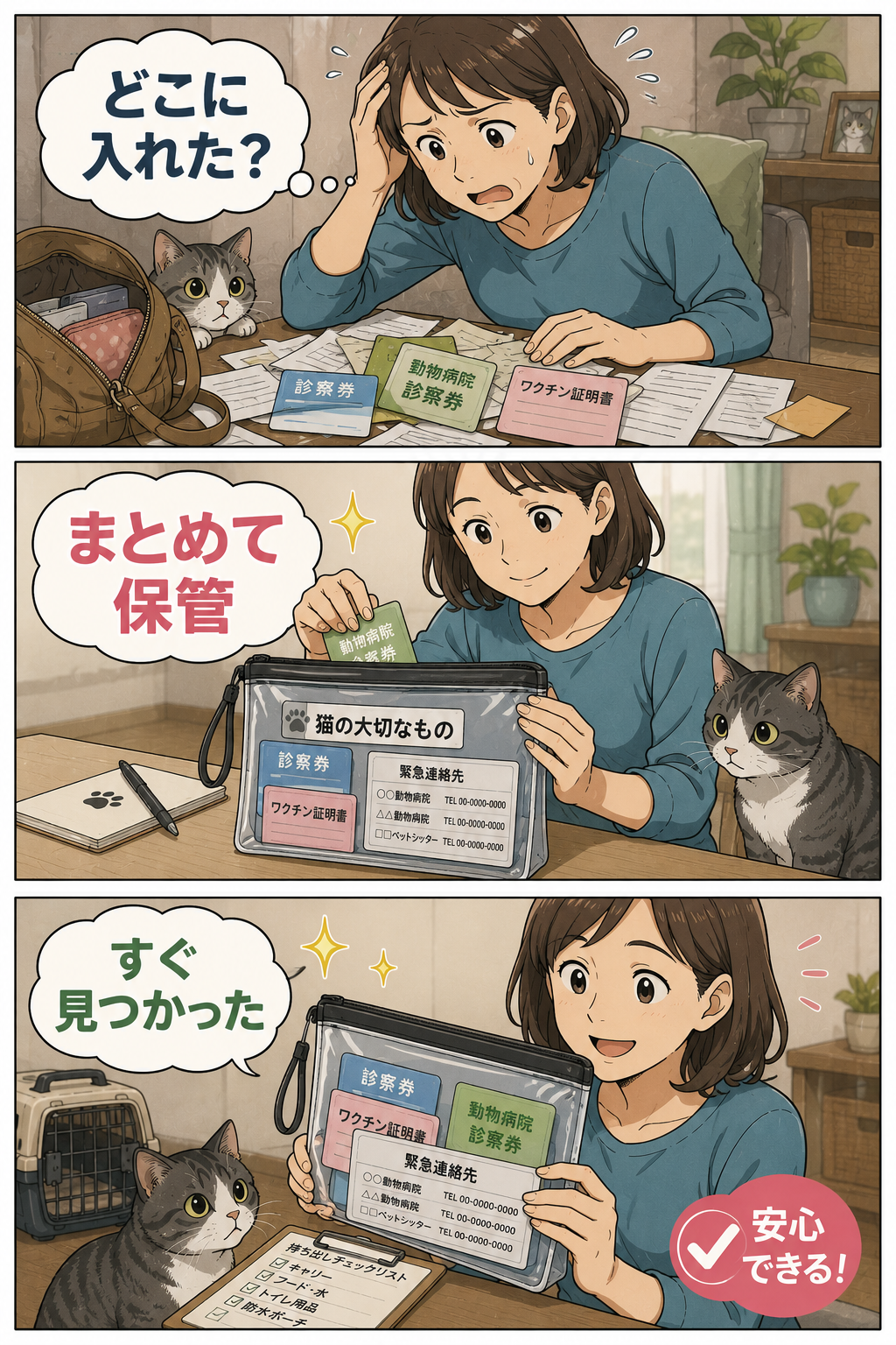 猫の薬や連絡先を防水ポーチにまとめる漫画