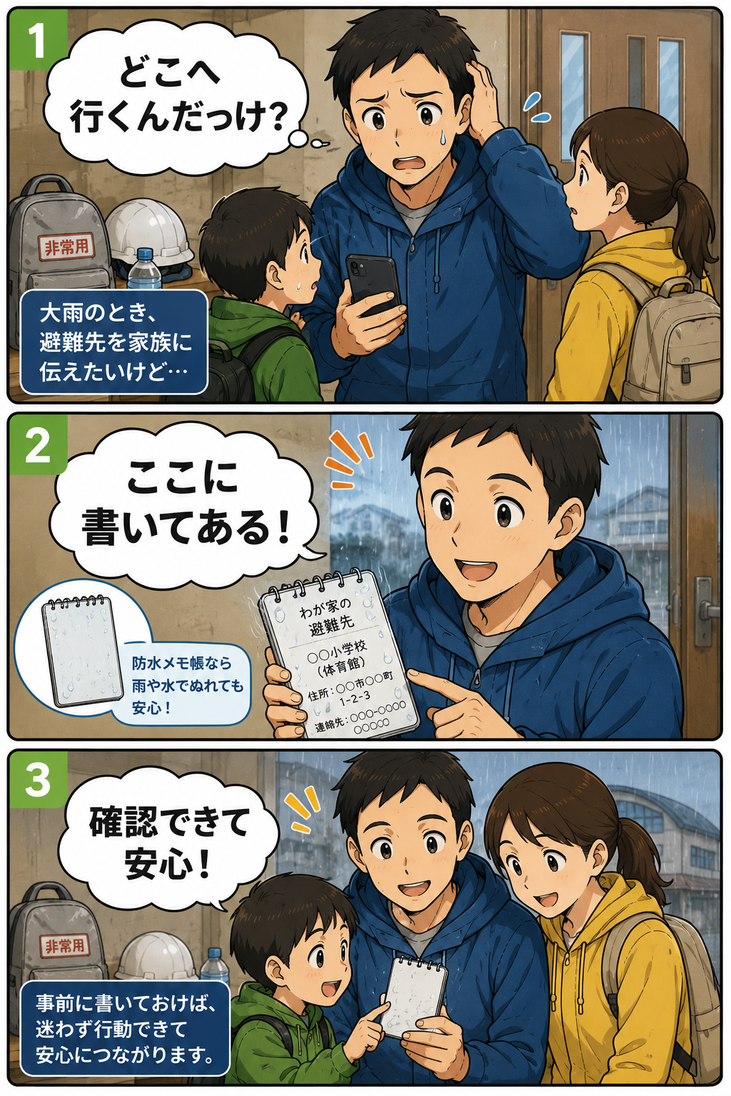 短い声かけ文や待機先を防水メモ帳に書く漫画