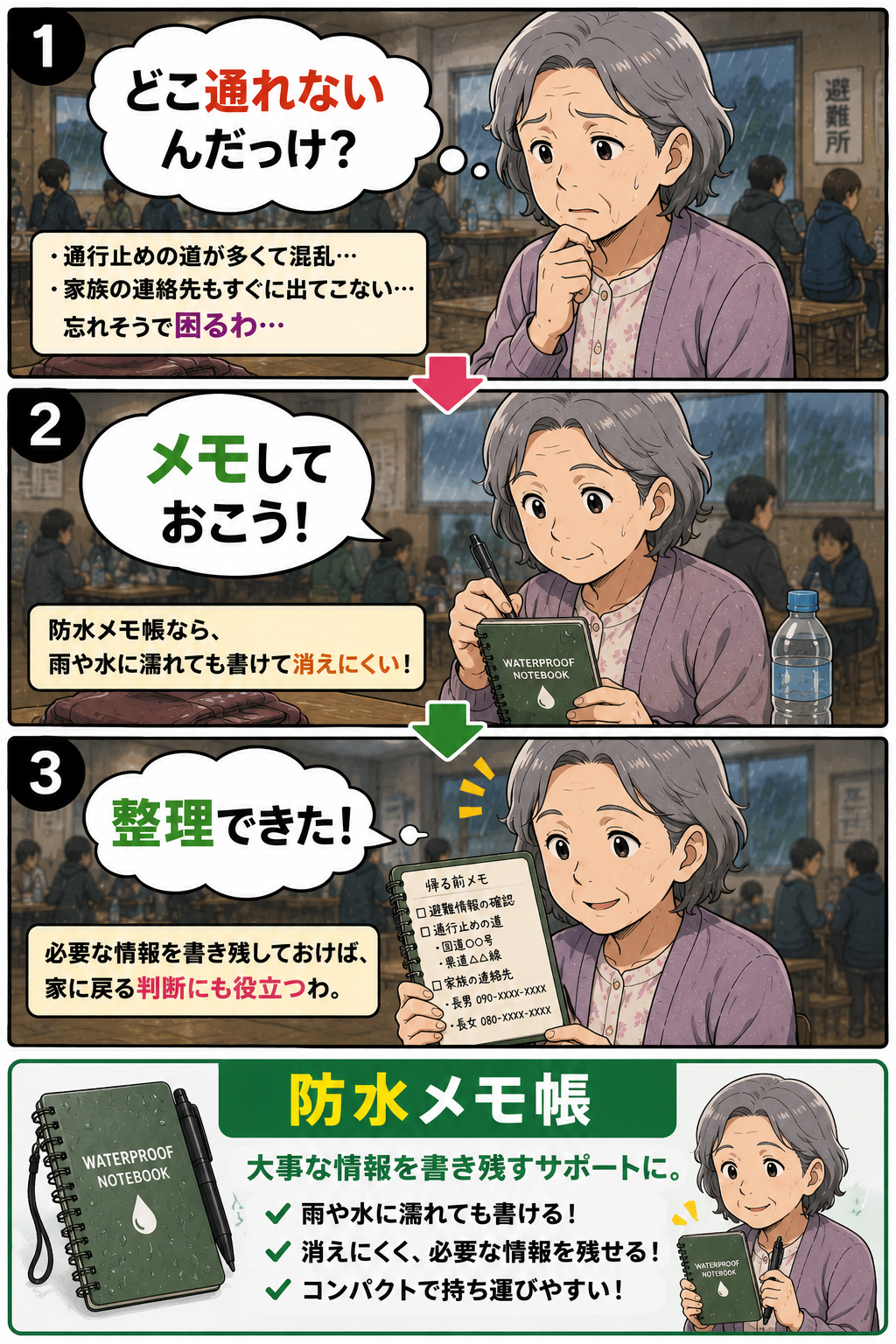 防水メモ帳を使って準備や確認の負担を減らす漫画