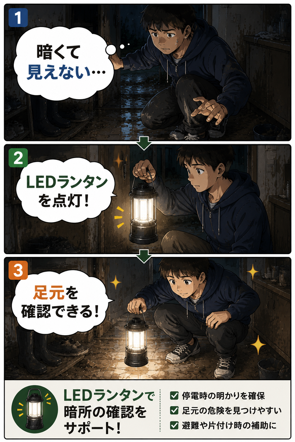 LEDランタンを使って準備や確認の負担を減らす漫画