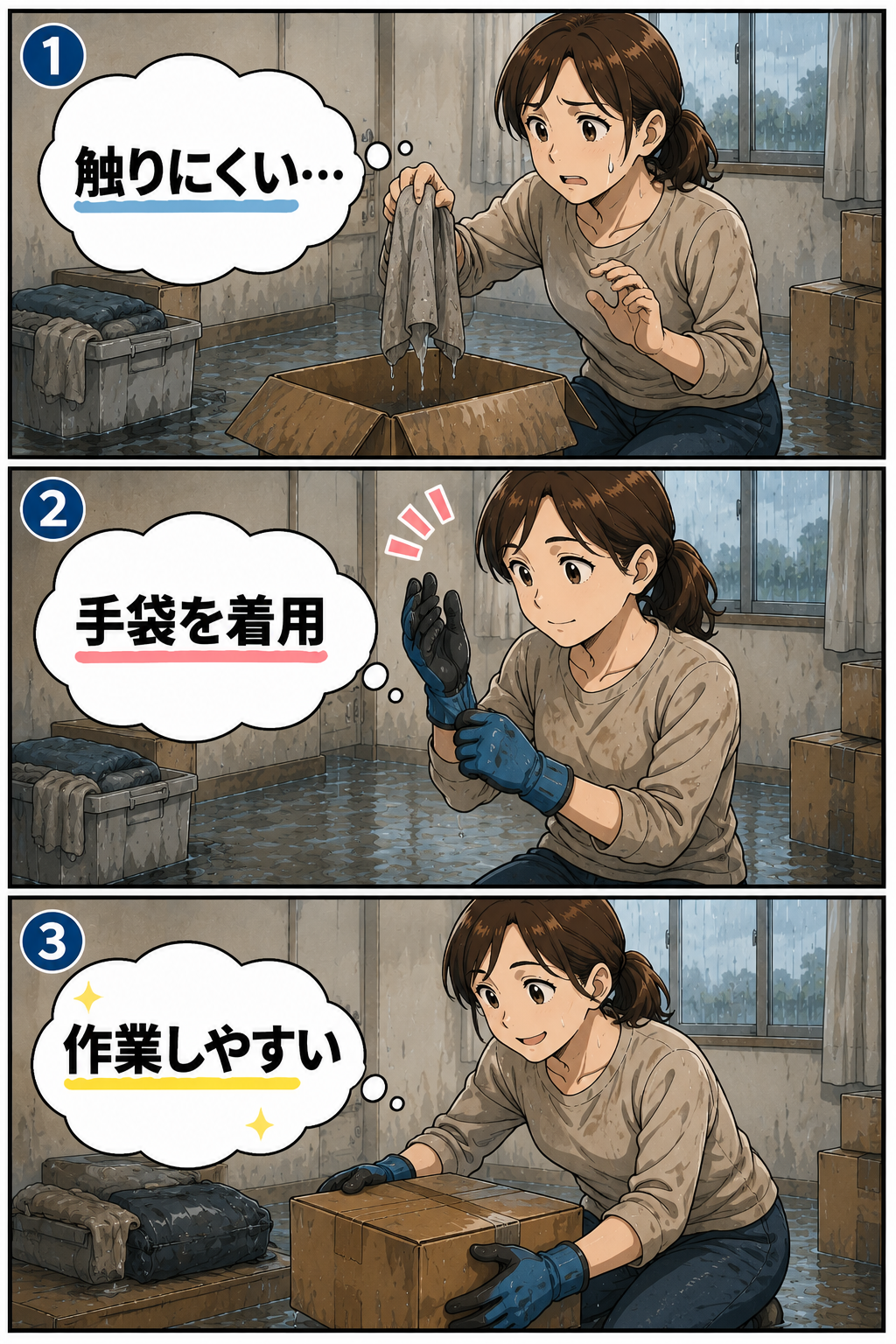 厚手の作業手袋を使って準備や確認の負担を減らす漫画