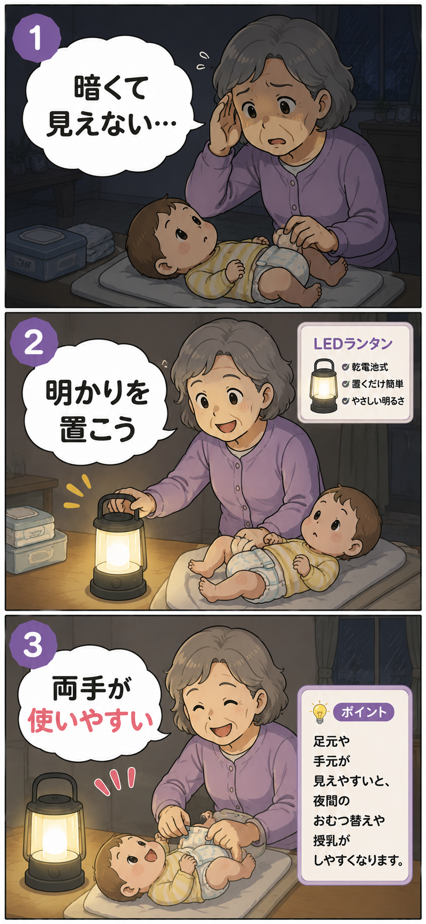 停電時にLEDランタンを置いて赤ちゃんのおむつ替えをしやすくする祖母の3コマ漫画
