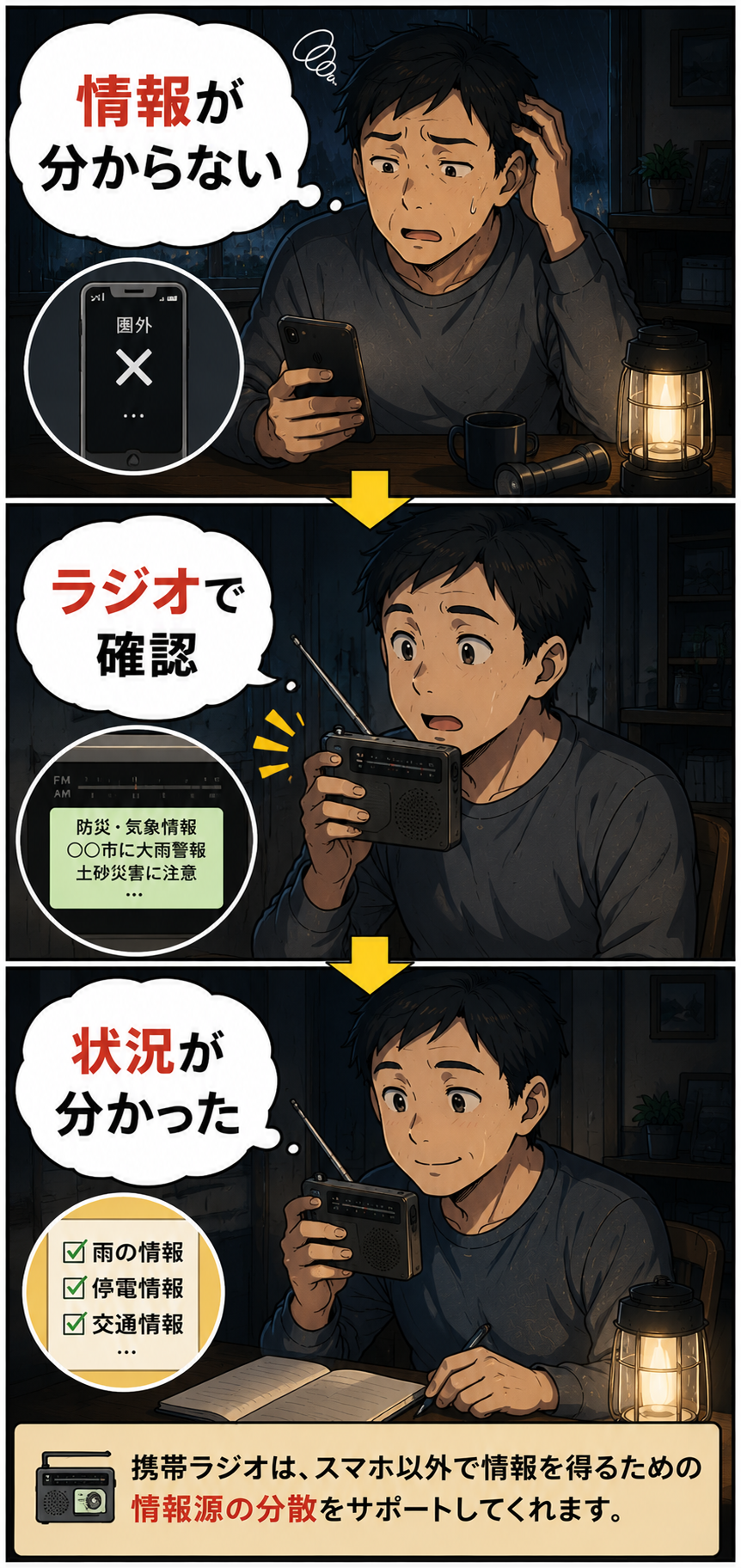 携帯ラジオを使って準備や確認の負担を減らす漫画