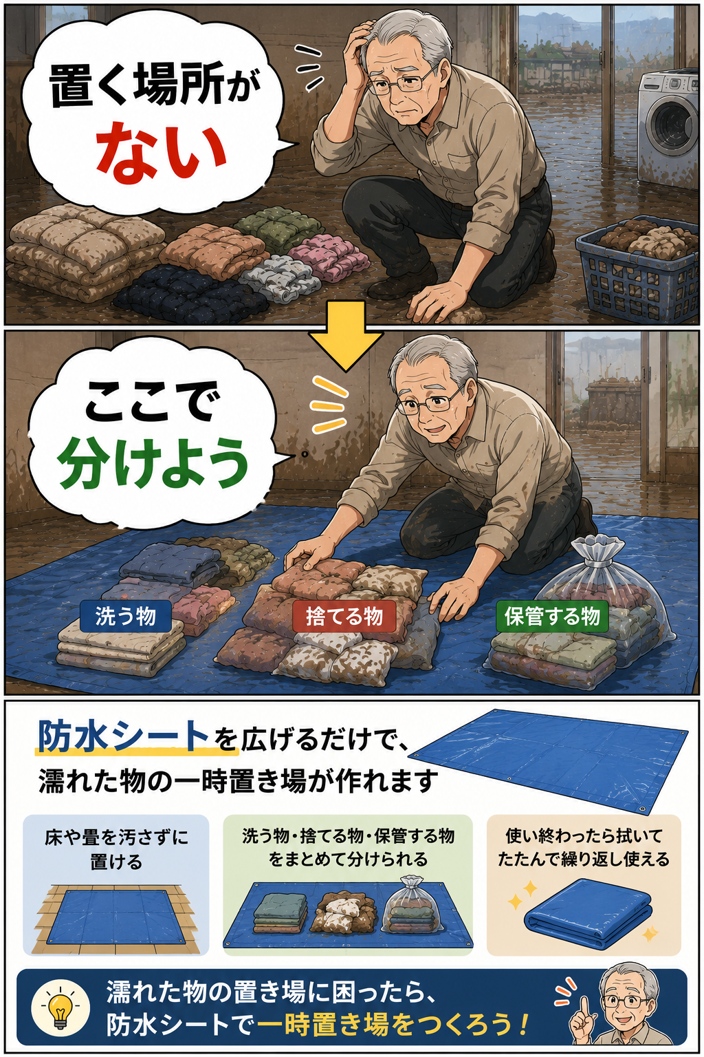 防水シートを使って準備や確認の負担を減らす漫画