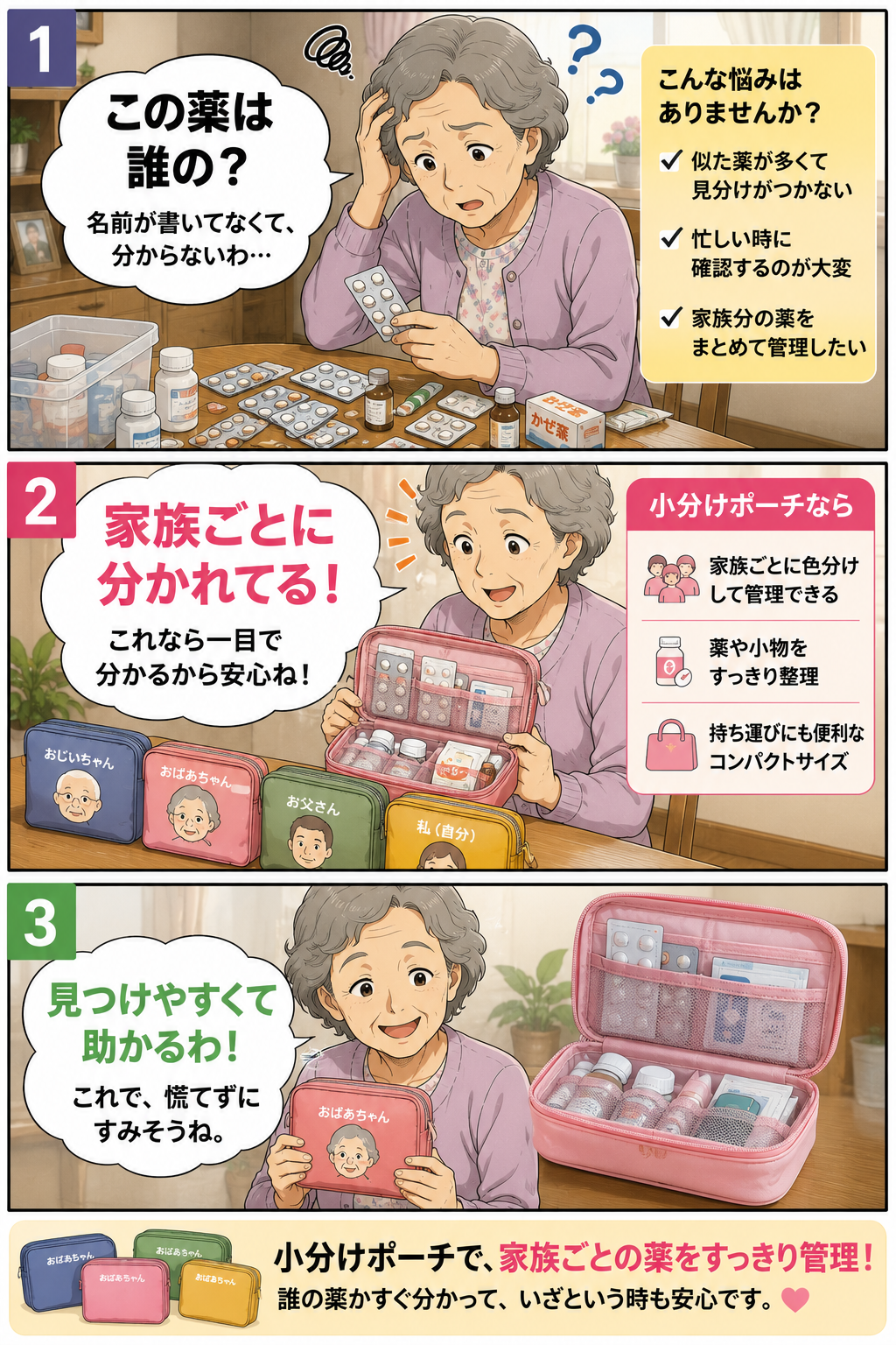 小分けポーチを使って準備や確認の負担を減らす漫画