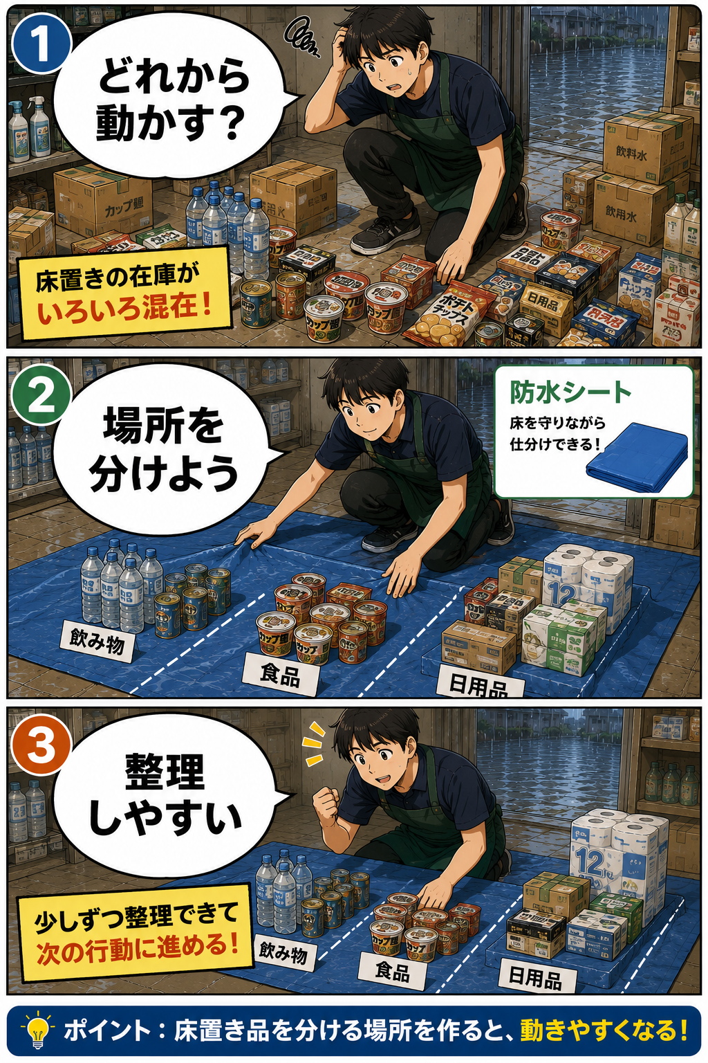防水シートを使って準備や確認の負担を減らす漫画