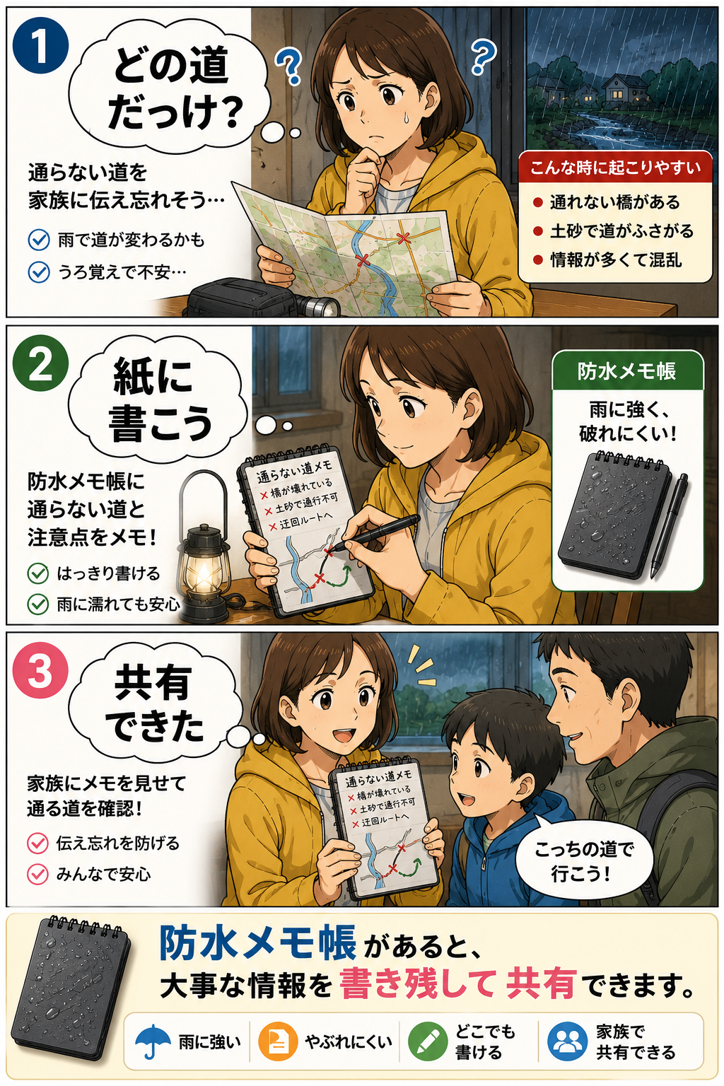 防水メモ帳を使って準備や確認の負担を減らす漫画