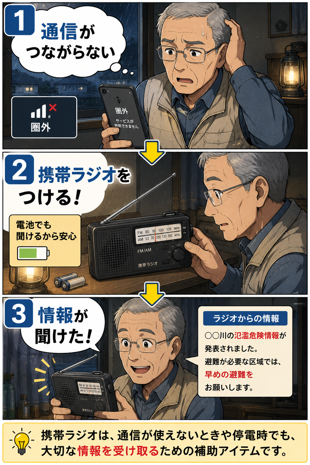 携帯ラジオを使って準備や確認の負担を減らす漫画