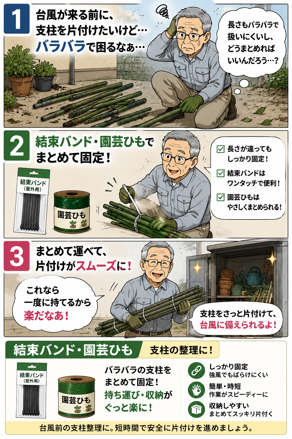 台風前に結束バンドや園芸ひもでバラバラの支柱をまとめる高齢男性の漫画