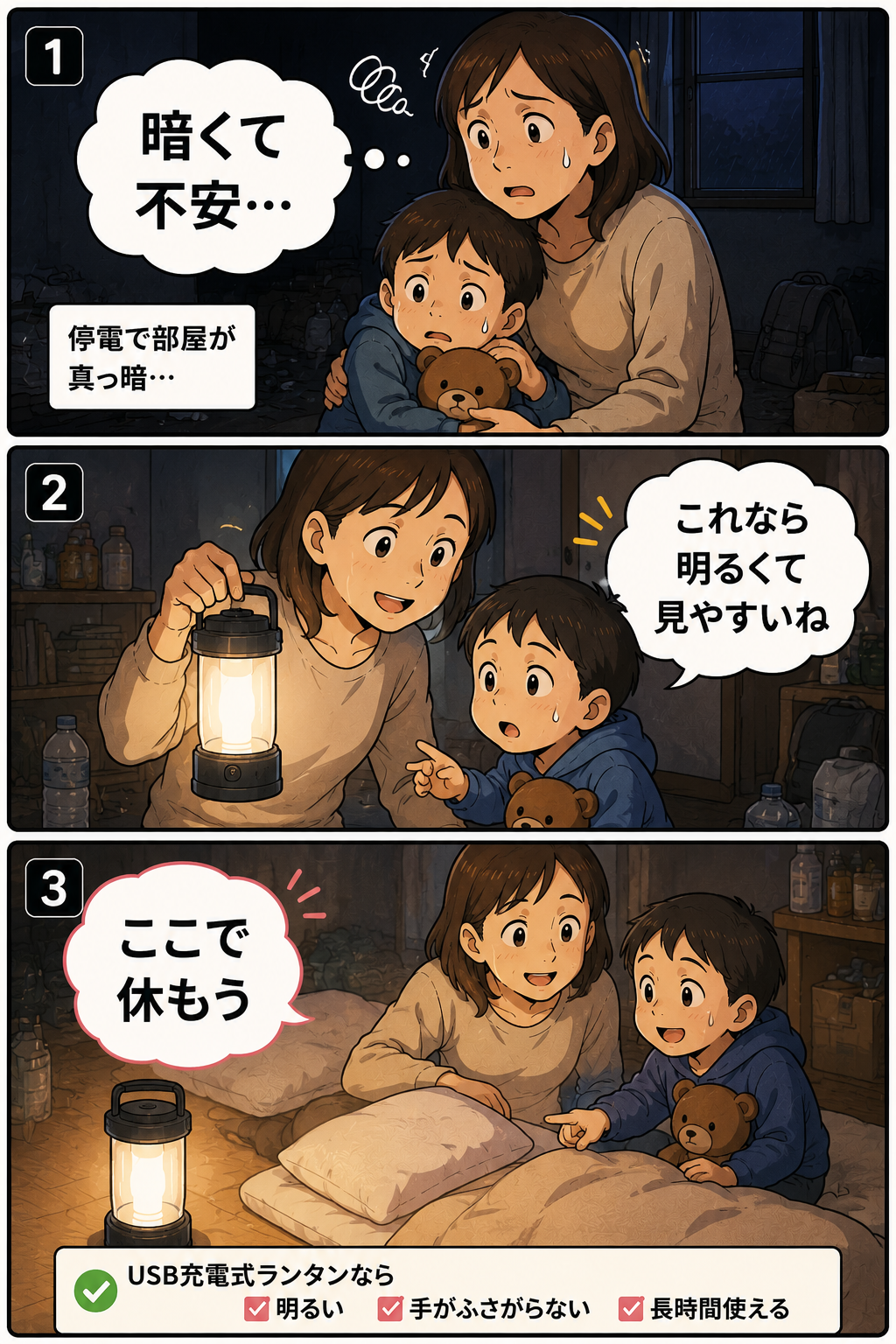 停電で暗い部屋に不安を感じる母親と子どもがUSB充電式ランタンで寝る場所を確認する漫画