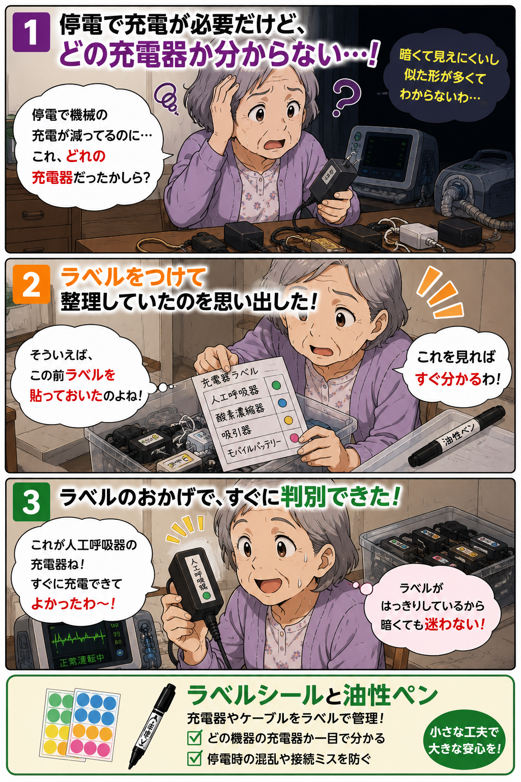 ラベルシールで充電器を判別できるようになった祖母の3コマ漫画