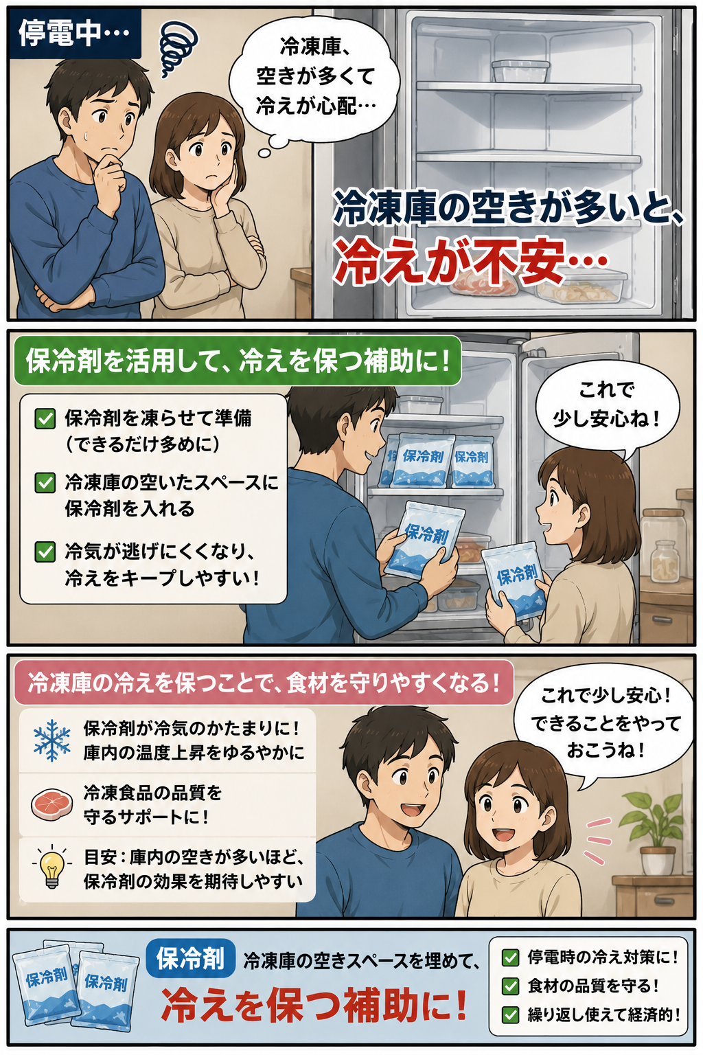 停電中に保冷剤で冷凍庫の空きスペースを埋める夫婦の漫画
