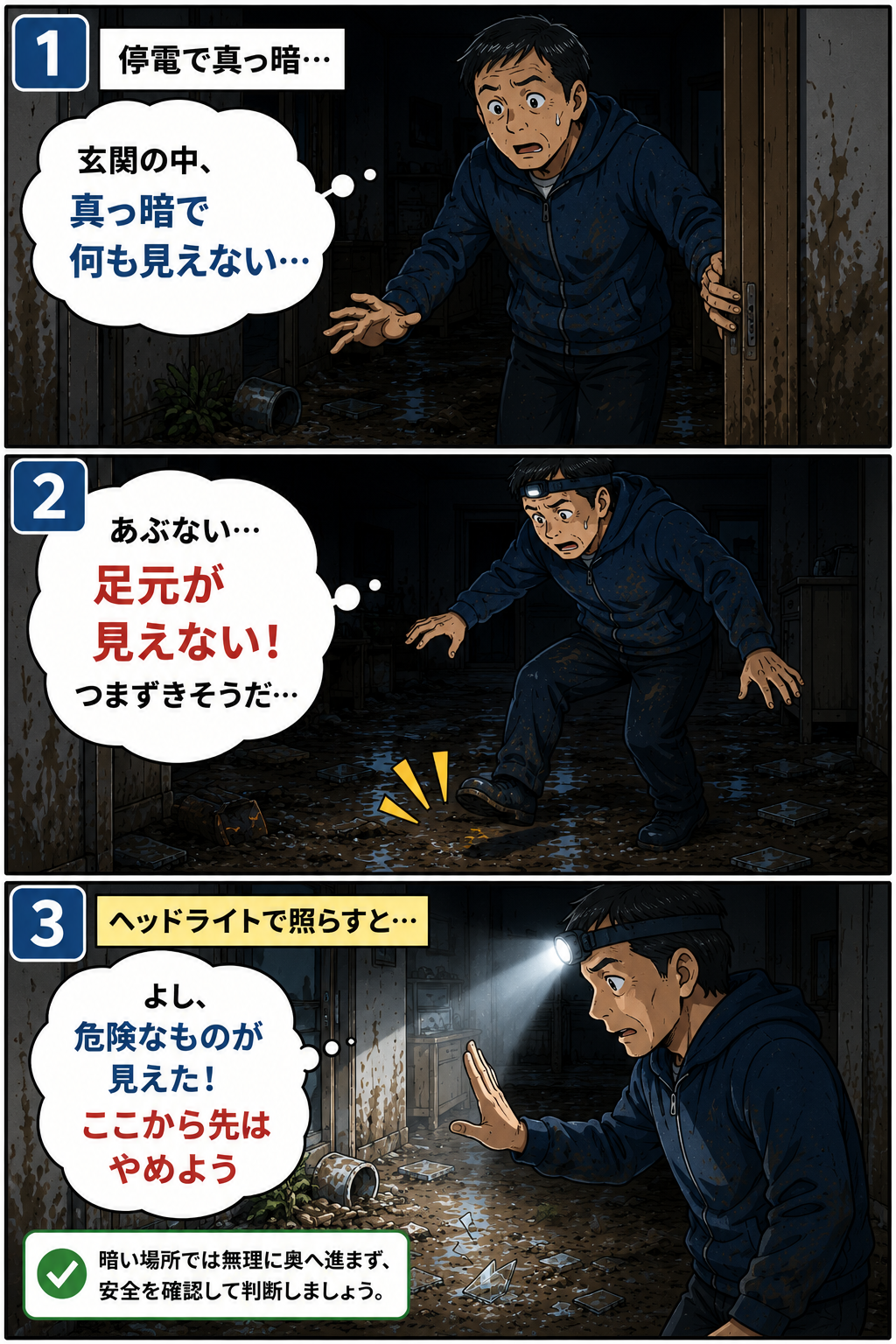 停電した浸水後の家でヘッドライトを使い足元を確認して奥へ進まない父親の3コマ漫画