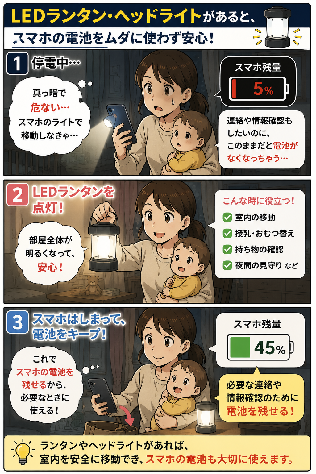 LEDランタンやヘッドライトで照明をスマホから分ける商品紹介漫画