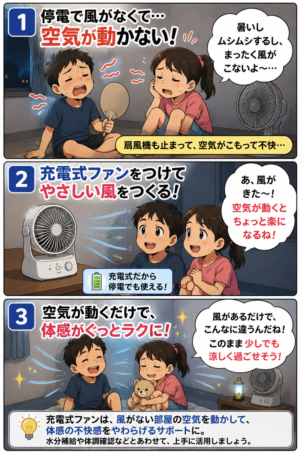 停電中に兄弟が充電式ファンで空気を動かして少し涼しく過ごす漫画