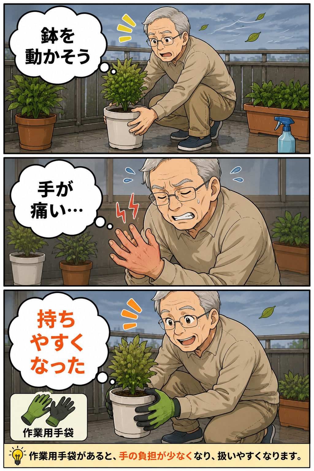 台風前に小型の植木鉢を動かす高齢男性が作業用手袋で手の負担を軽くする漫画