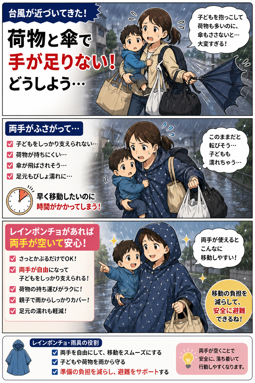 子ども連れで荷物と傘に困る親がレインポンチョで両手を使いやすくする漫画