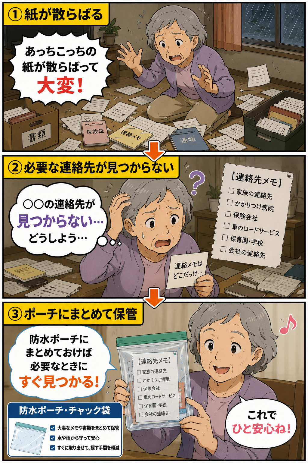 車検証コピーや連絡先メモをまとめる防水ポーチの漫画