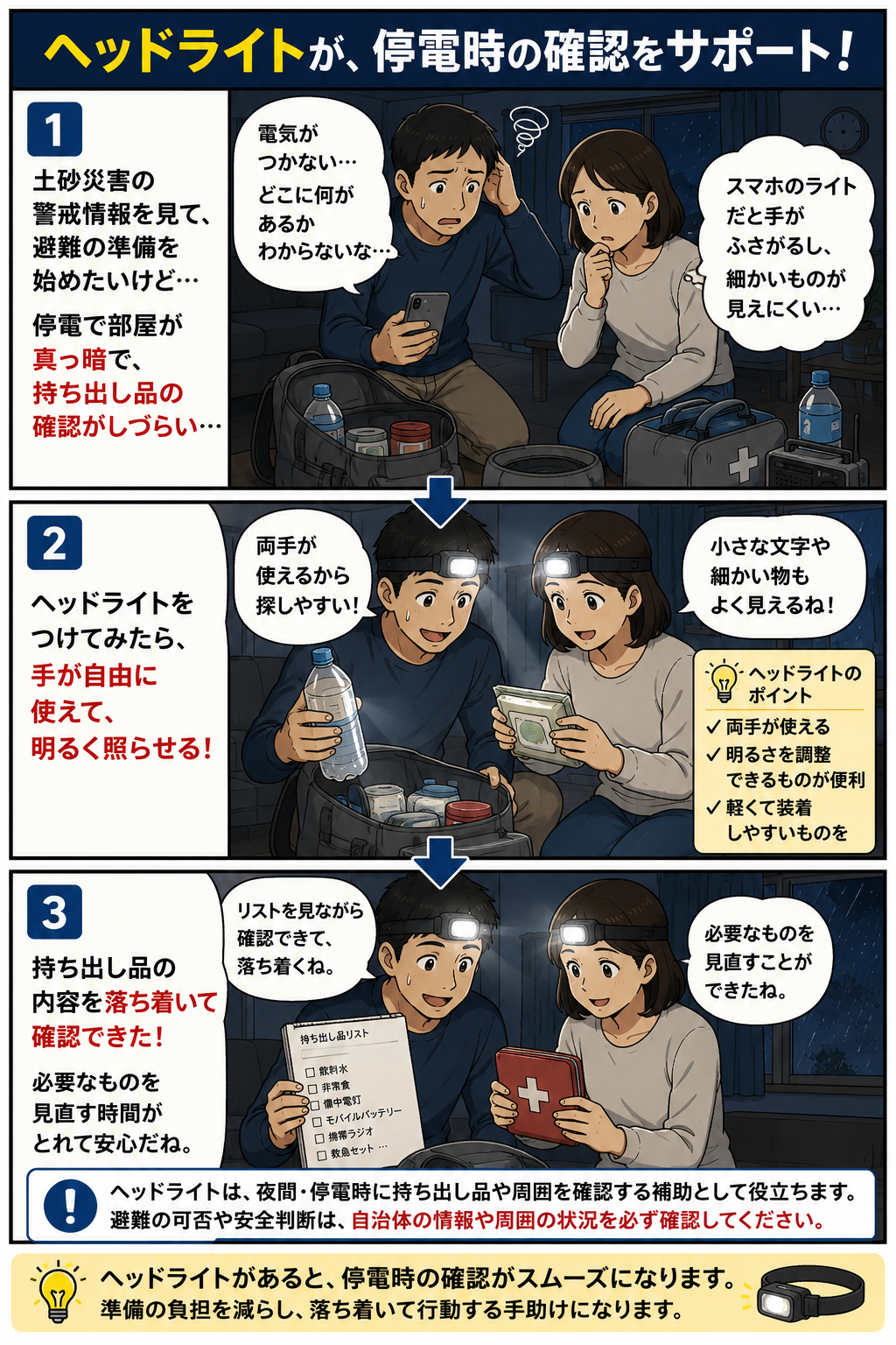 停電時に夫婦がヘッドライトを使って持ち出し品を確認する商品紹介漫画