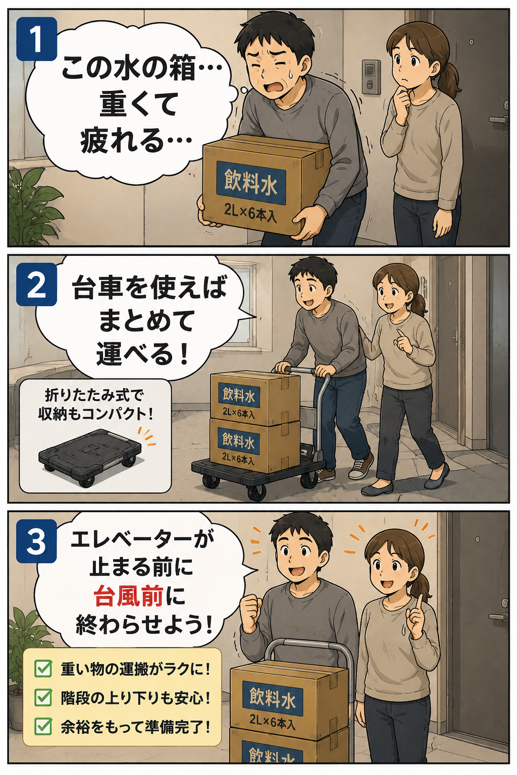 夫婦が折りたたみキャリーや台車で飲料水を台風前に運ぶ漫画