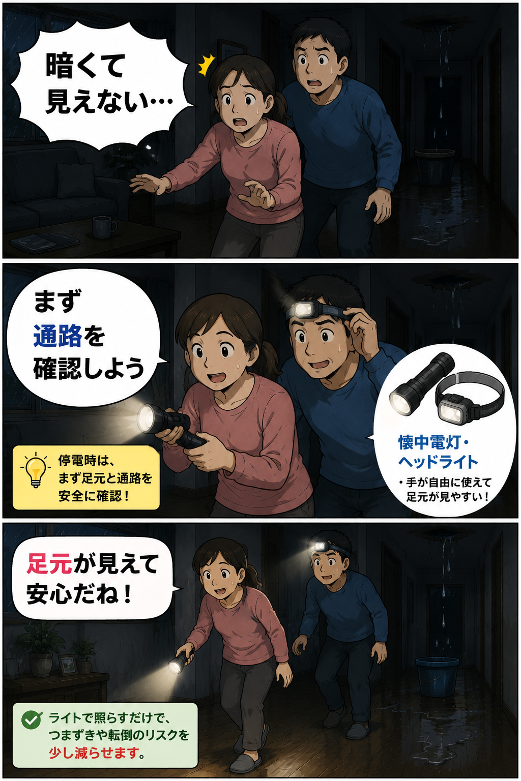 停電で暗い室内を懐中電灯とヘッドライトで確認する夫婦の漫画