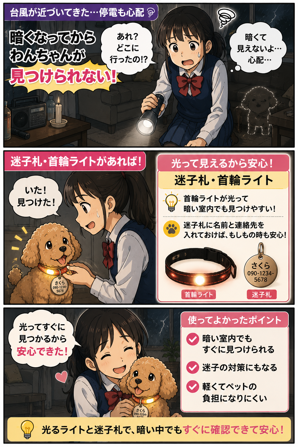 暗い室内で迷子札と首輪ライトをつけた犬を中学生の娘が確認する漫画