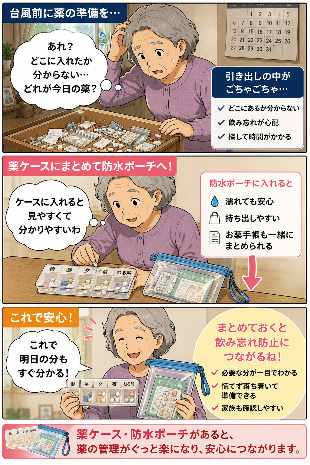 台風前に高齢の母親が薬ケースと防水ポーチで薬を整理し明日の分を確認する漫画