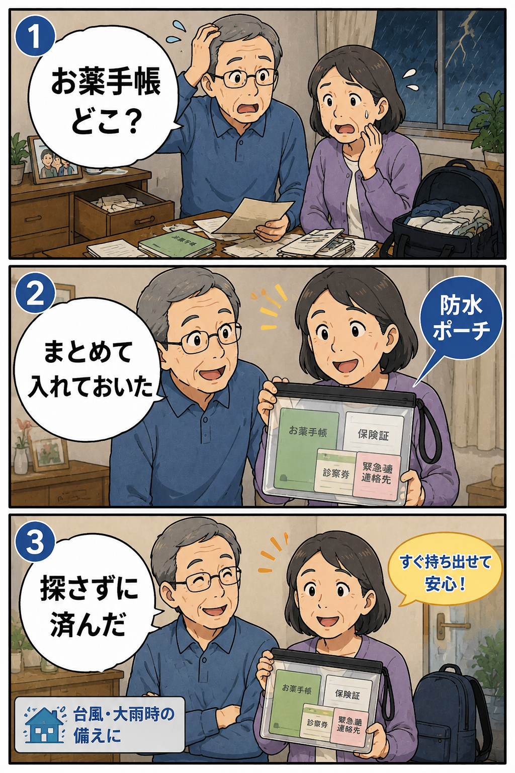 夫婦が防水ポーチにまとめたお薬手帳や保険証などの必要書類を確認する3コマ漫画