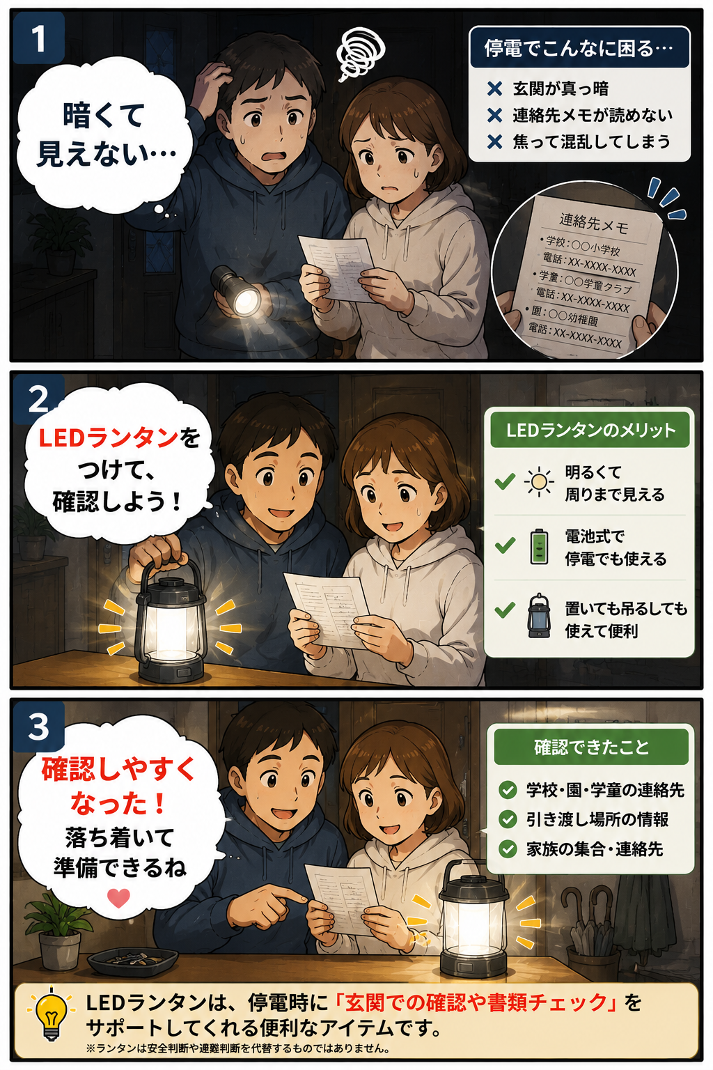 停電時に夫婦がLEDランタンで玄関の連絡先メモを確認する漫画