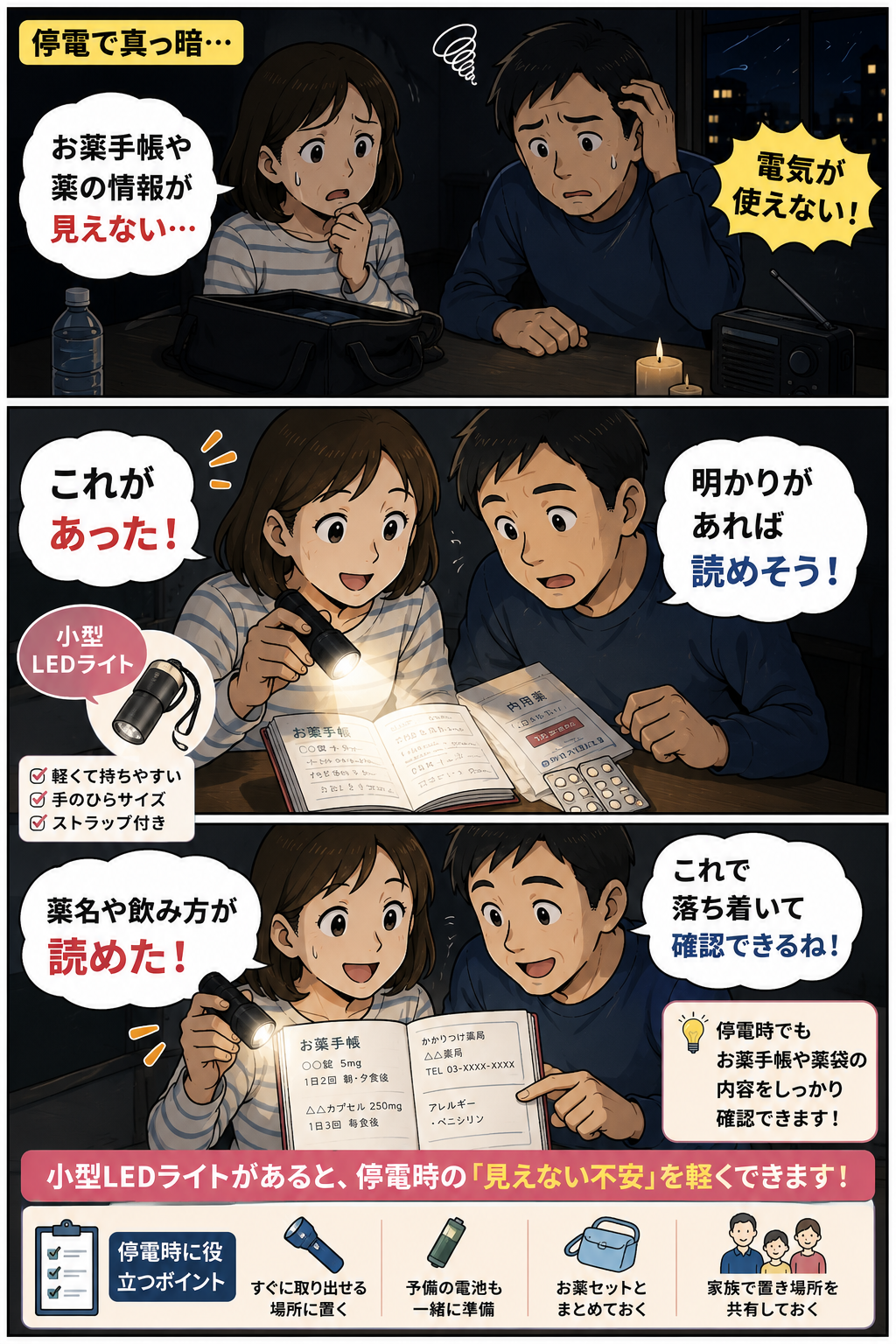 小型LEDライトで停電時にお薬手帳や薬袋の情報を確認する漫画