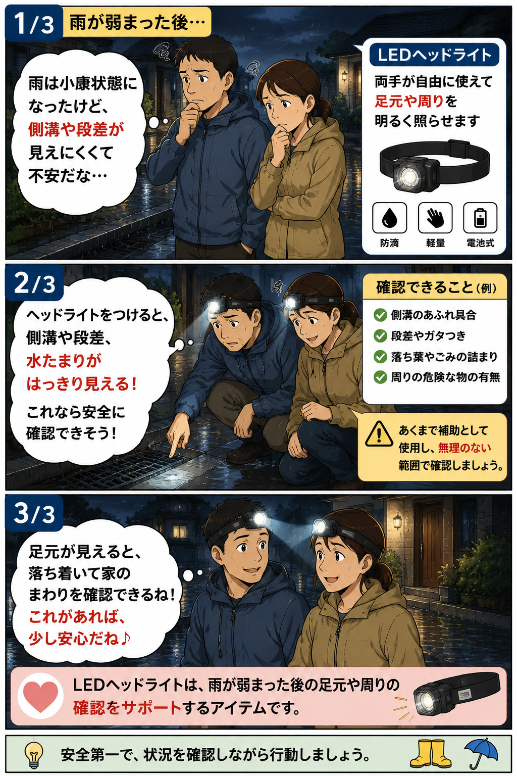 雨が弱まった後に夫婦がLEDヘッドライトで足元や側溝まわりを確認する漫画