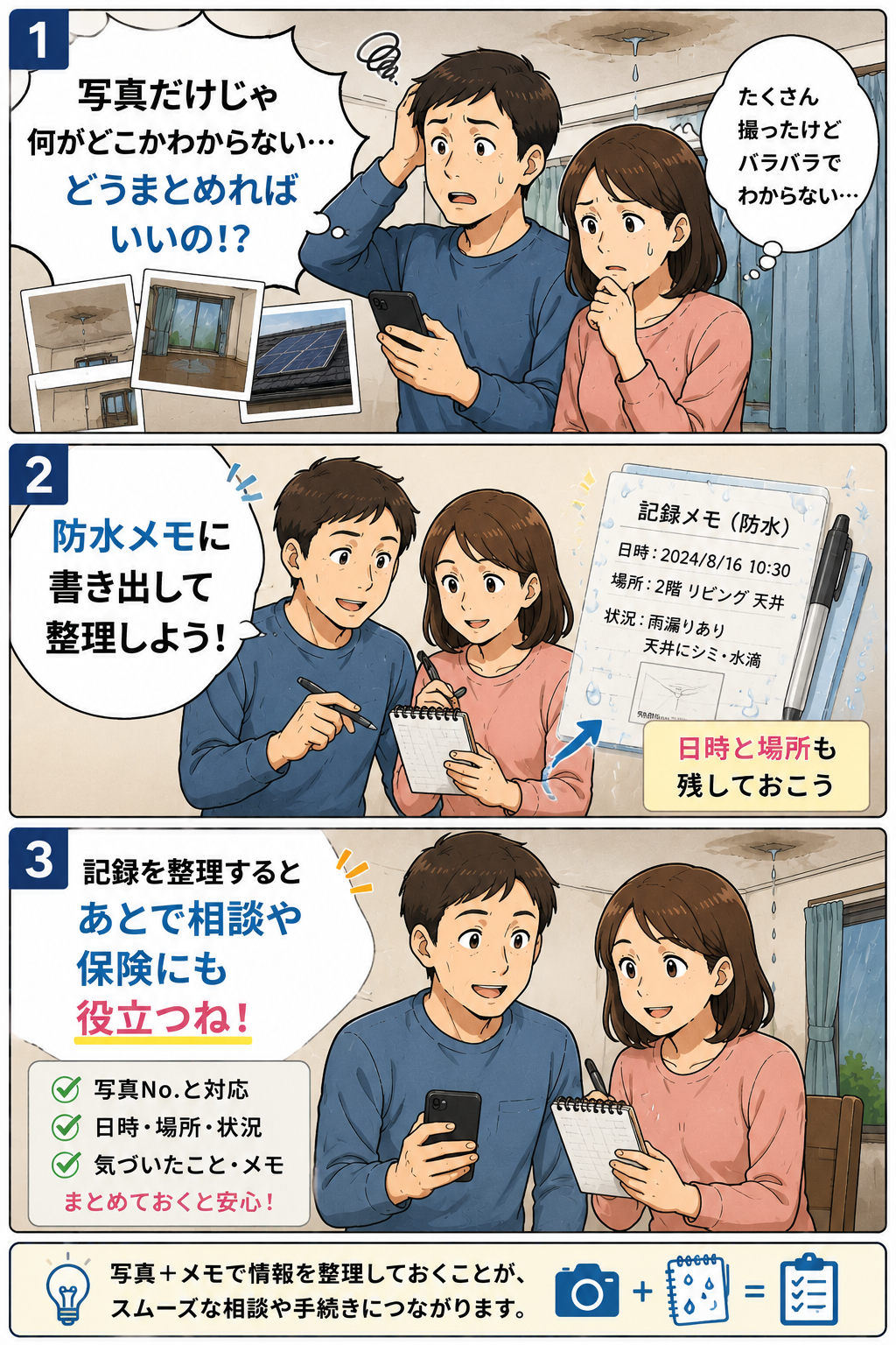 台風後の被害写真と防水メモで日時や場所を整理する夫婦の商品紹介漫画