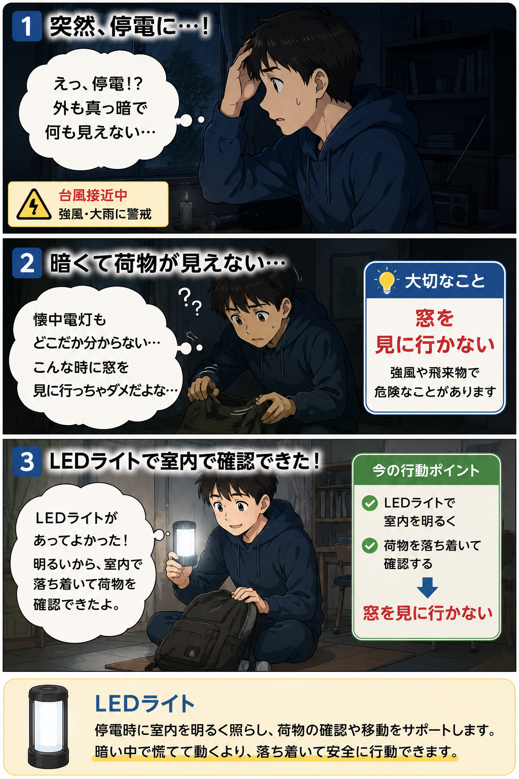 停電時にLEDライトで室内を確認し窓を見に行かない高校生の漫画